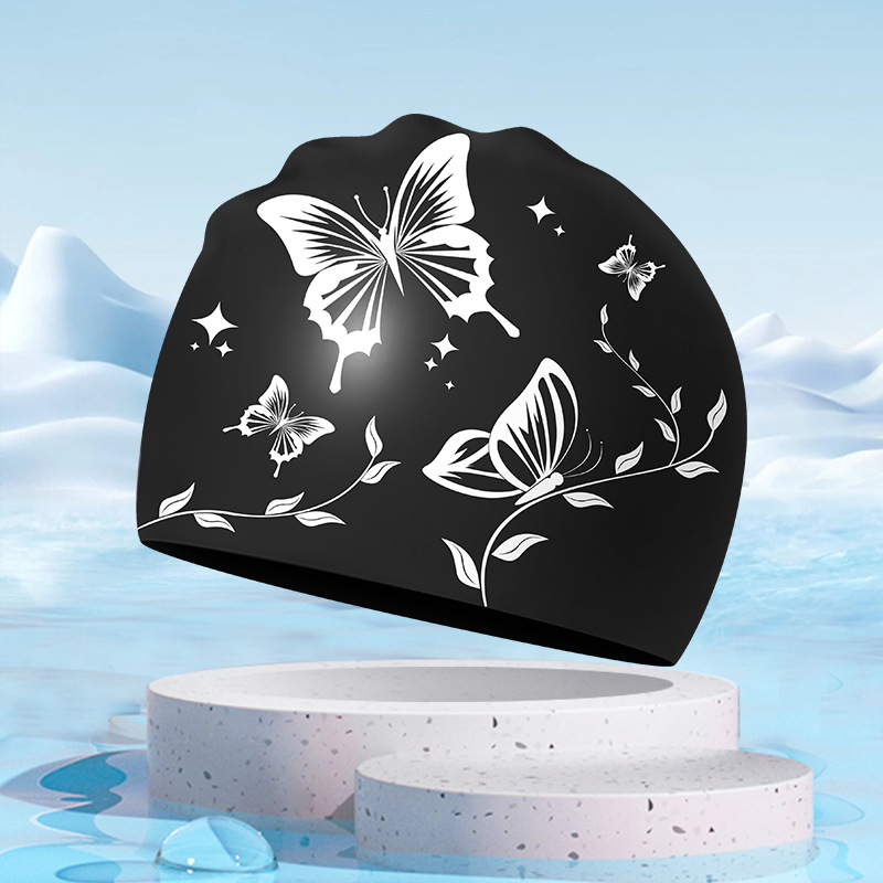 Gorro de natación de silicona para hombres y mujeres adultos gorra de natación profesional impermeable para mujeres de pelo largo sin apretar gorra de natación de protección auditiva impresa al por mayor