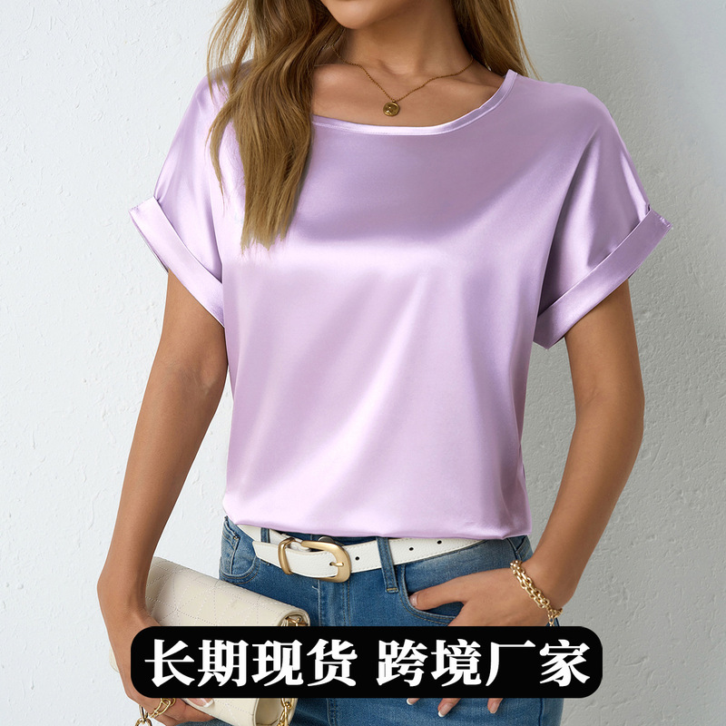 Real Shot of Cross-Border Amazon Women's Clothing Spring and Summer New Women's Short-Sleeved Satin Shirt Loose Satin T-Shirt for Women