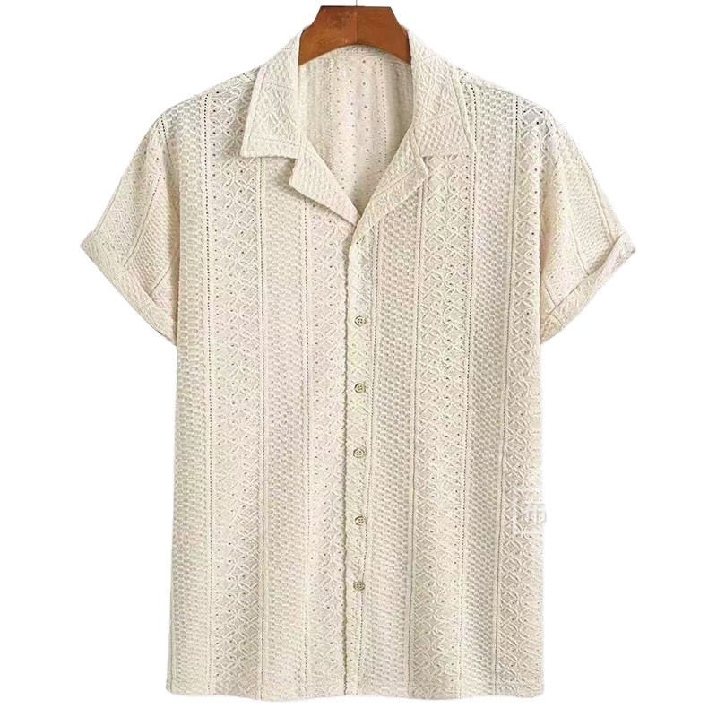 Tejido Jacquard hueco soluble en agua moda hombre camisa de punto suelta camisa texturizada tela