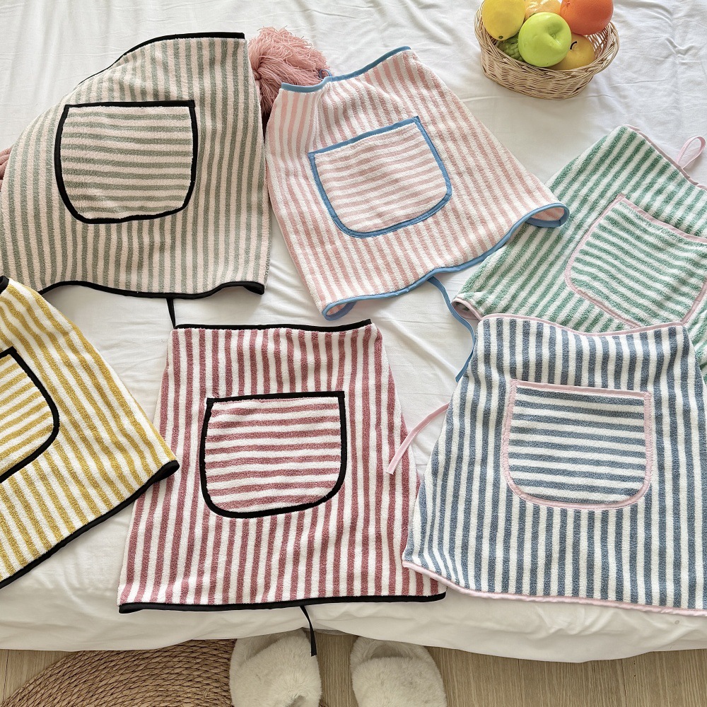 韩式珊瑚绒拼色吸水毛巾面料小清新半身围裙外贸