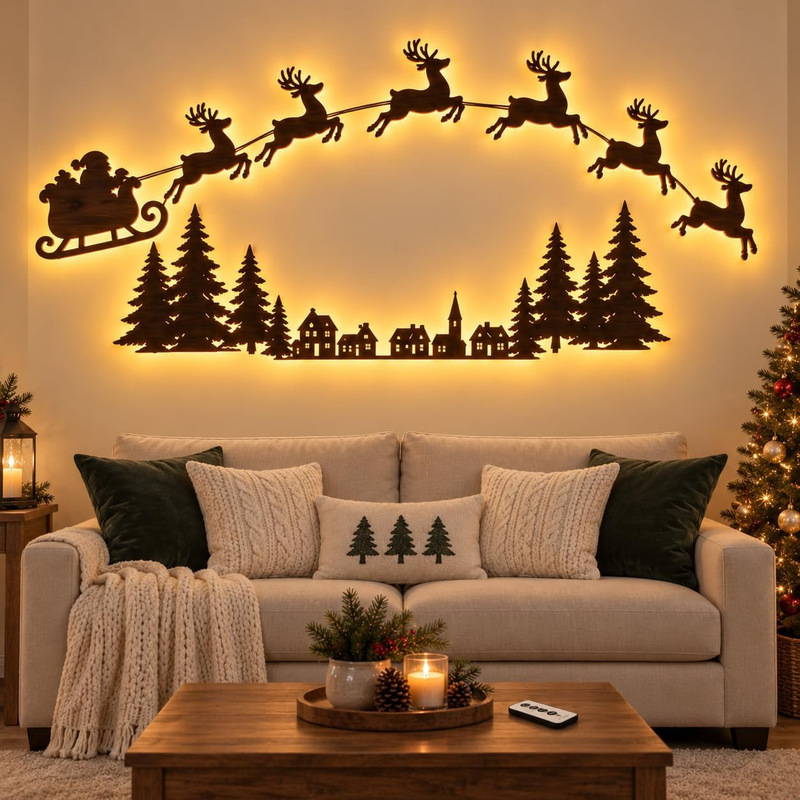 Cross-Border Santa's Sleigh with Reindeer Christmas Luminous Wooden Sleigh Ornament Cross-Border Santa's Sleigh with Reindeer Christmas Luminous Wooden Sleigh Ornament