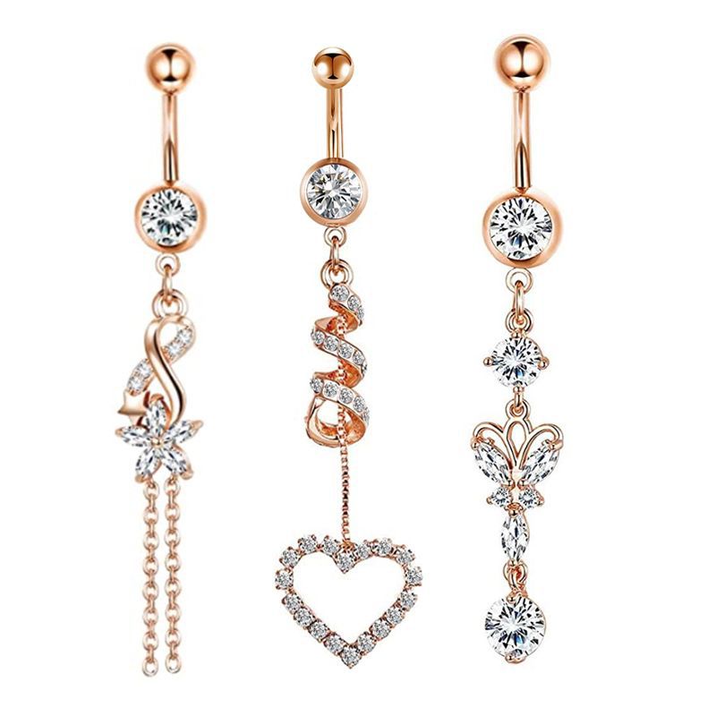 European American Style Golden Zircon Shambhala Rhinestone Belly Button Ring 3-Piece Set - Stainless Steel detail image 11