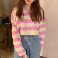 韩国ins早秋新款韩系甜美减龄粉嫩短款长袖宽条纹针织衫女毛衣