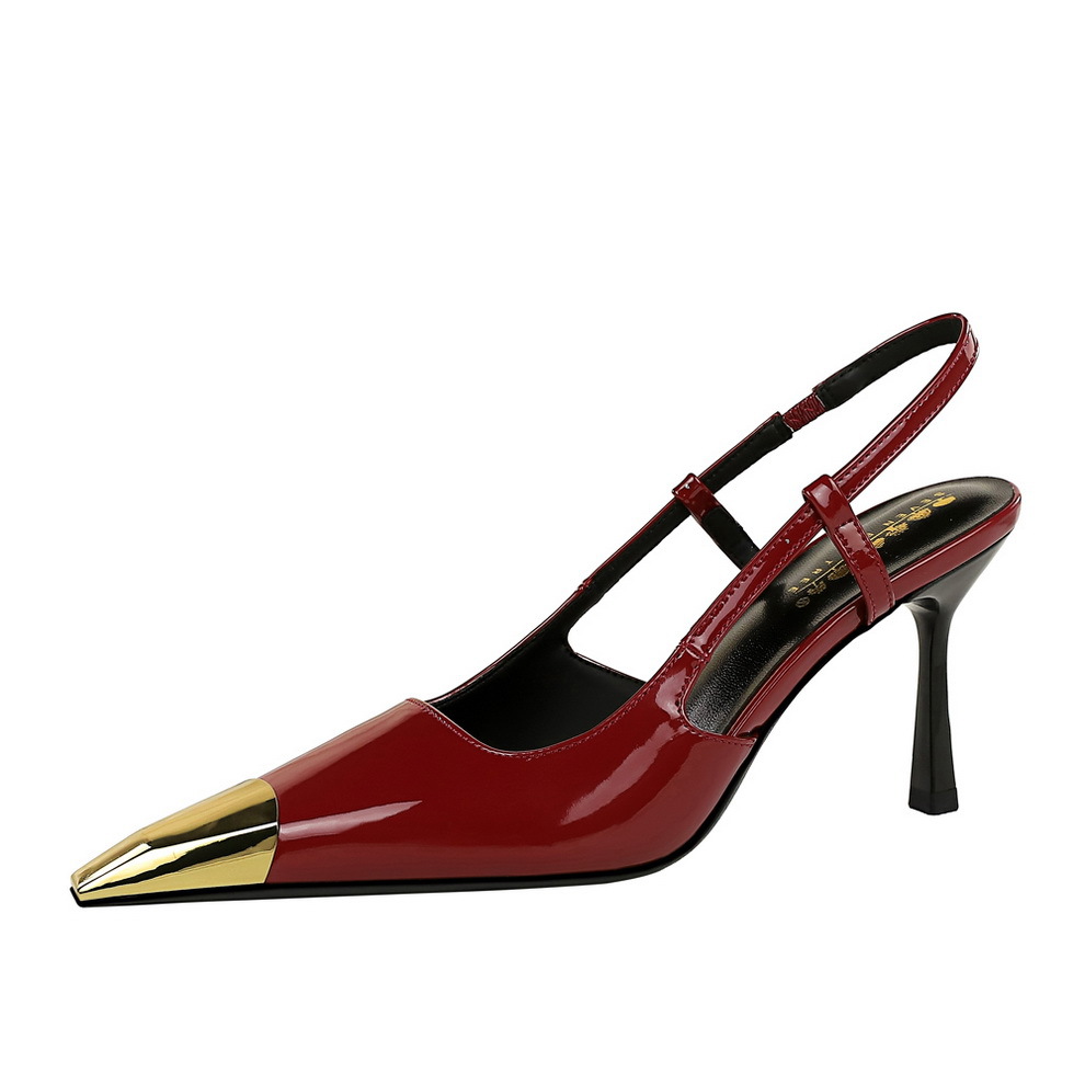 2629-A1 European And American Style Party Heels Stiletto Metal Pointed Toe Patent Leather Backless Back Strap High Heel_vogvips.com