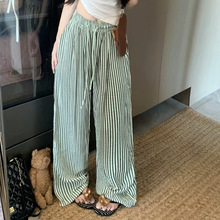 2025春秋韩版新款高腰条纹阔腿裤休闲慵懒风直筒裤大码女装长裤女