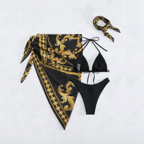 2024 New AliExpress Retro Printed Lace-up Sexy Bikini Swimsuit European and American Mesh Three-piece Swimsuit