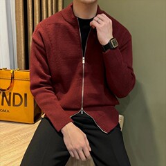 立领喜庆红色双拉链男毛衣设计感轻奢纯色休闲百搭圣诞过年开衫潮