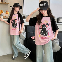 2025年新款女童夏款宽松休闲时尚套装印花T恤阔腿牛仔裤爆款潮品
