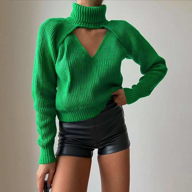 solid color turtleneck hollow two-piece wool sweater NSAFS137833