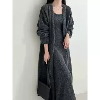 秋冬新款时尚休闲气质针织套装女装宽松慵懒背心连衣裙毛衣两件套