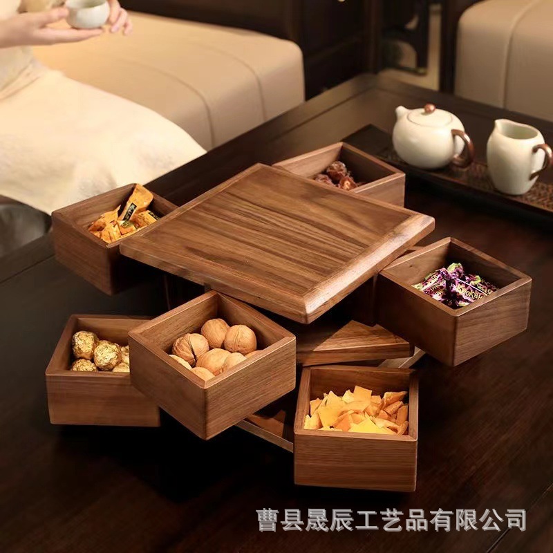 Retro de madera sala de estar caja de fruta seca giratoria fruta merienda plato tarde té caramelo galleta tuerca caja