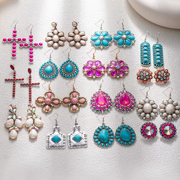 Retro Ethnic Style Turquoise Flower Earrings Cross-Border Hot-Selling Banquet Earrings Bohemian Long Geometric Earrings for Women
