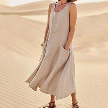 2024夏季短袖棉麻连衣裙新款外贸热销圆领宽松中长款大码裙子Q238