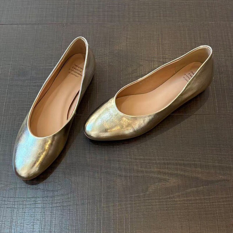 Lambskin version! Women's French-style high-end gold round-toe slip-on shoes, elegant and height-increasing, perfect to pair with skirts