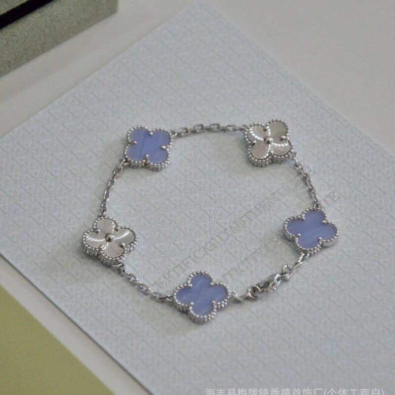 Cross-Border Popular Clover Bracelet Purple Chalcedony with Laser Thick Plated 18K Stacked Bracelet for Women Factory Direct Sales Wholesale