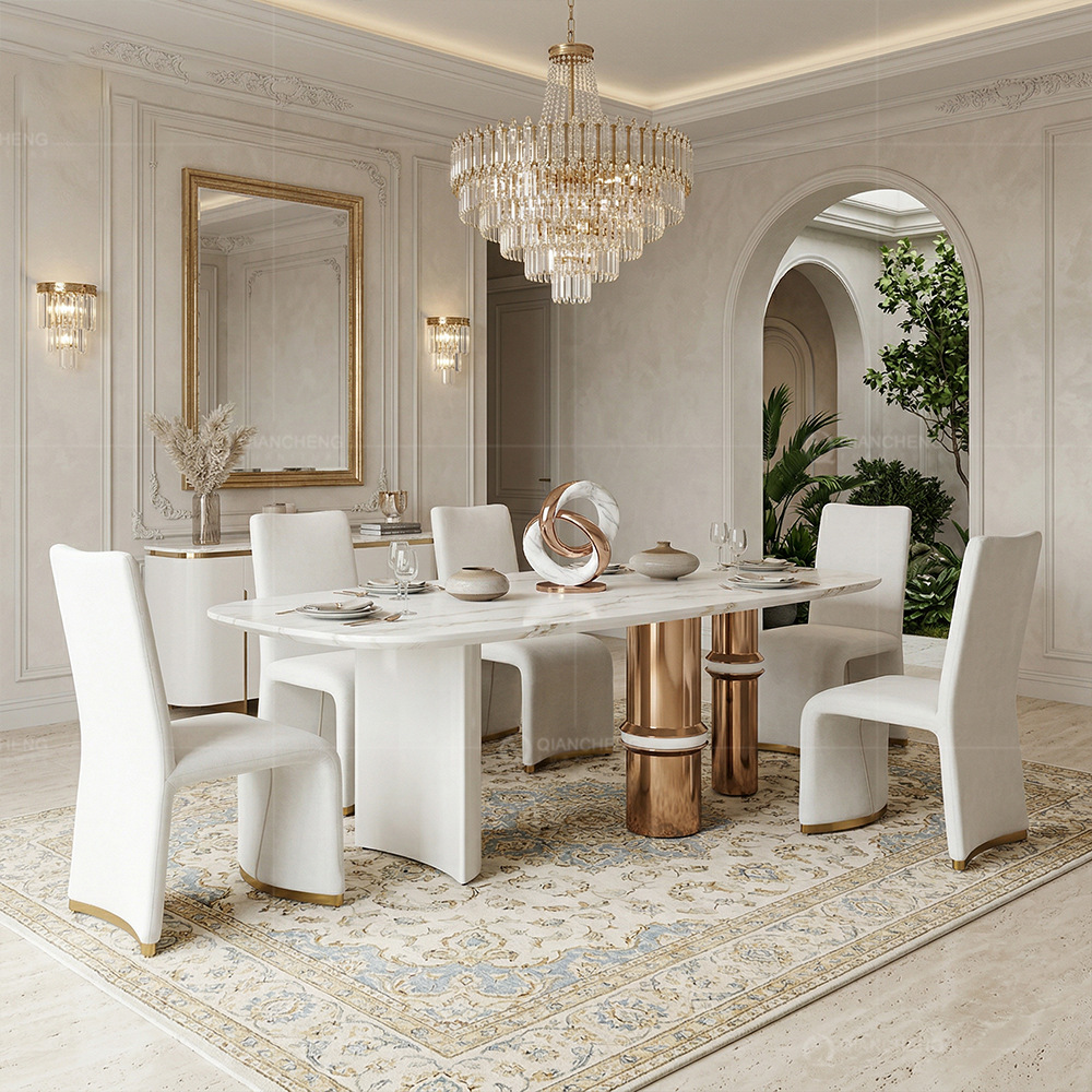 Mesa de Comedor Italiana de 2.2 Metros, Mármol y Acero Inoxidable, Rectangular, para 4-8 Personas, para Comedor