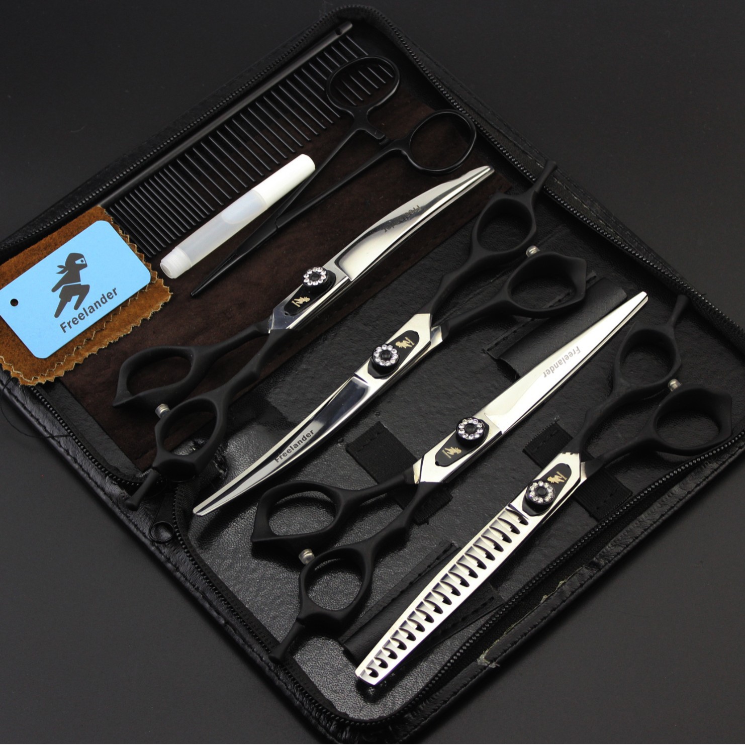 7.0寸 黑色烤漆柄 4把装宠物美容剪刀直剪弯剪 套装 送排梳鱼骨牙