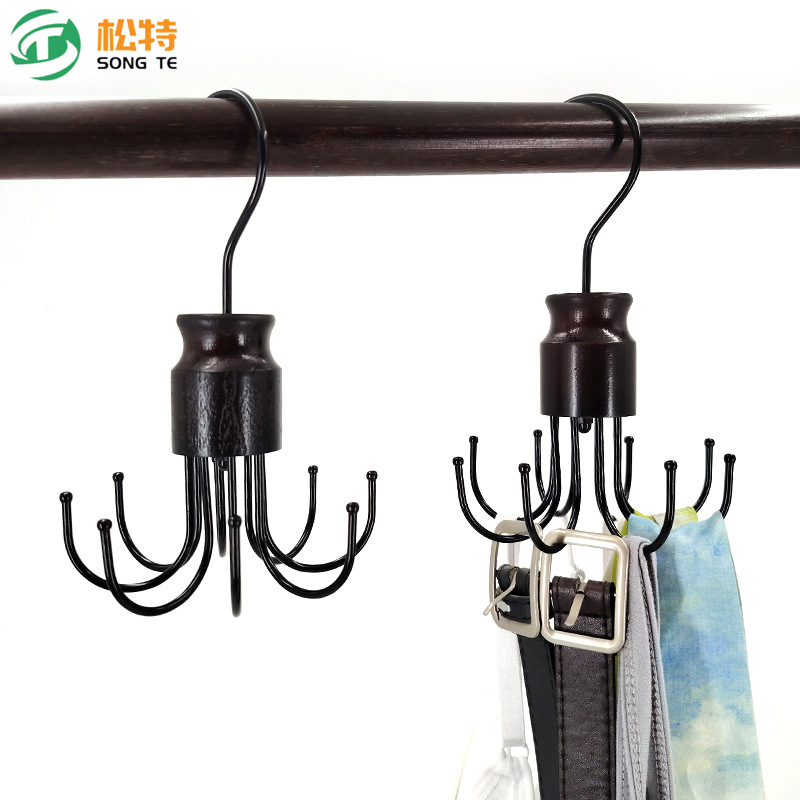 Multi-purpose beech wood 8-hook rotating hanger, a storage solution for hanging lingerie, scarves, and bags, featuring a non-slip and seamless design