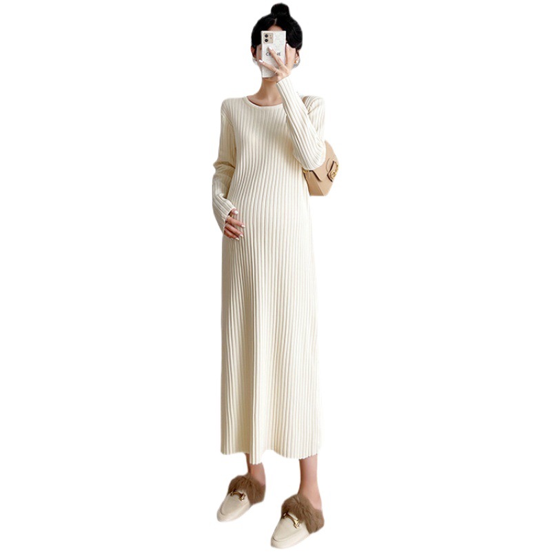 2025 Spring and Autumn Maternity Sweater Outerwear Loose Comfortable Warm Knitted Dress Mid-Length