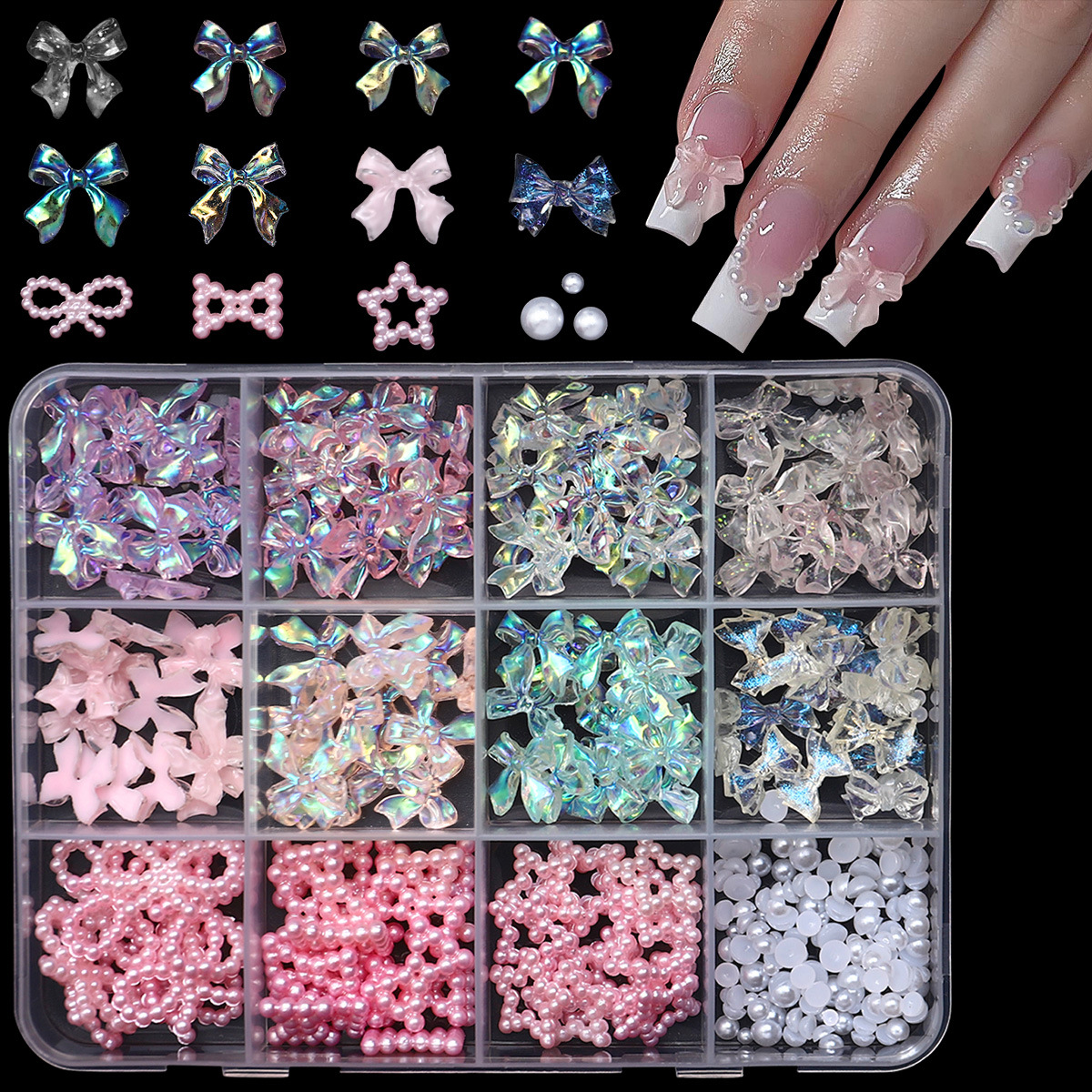 Ventas transfronterizas de mariposa 12 caja de perlas de amor resina diy accesorios de uñas al por mayor