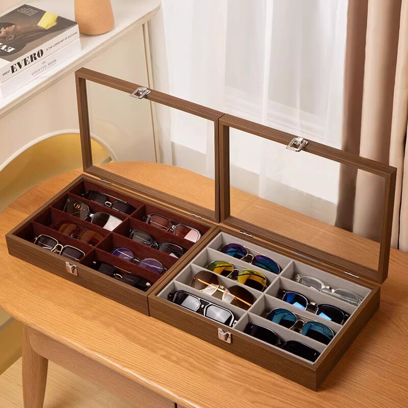 Eight-Compartment Walnut Wood Glasses Storage Box with Transparent Lid, Dustproof Sunglasses Case, Desktop Display Box with Multiple Compartments Eight-Compartment Walnut Wood Glasses Storage Box with Transparent Lid, Dustproof Sunglasses Case, Desktop Display Box with Multiple Compartments