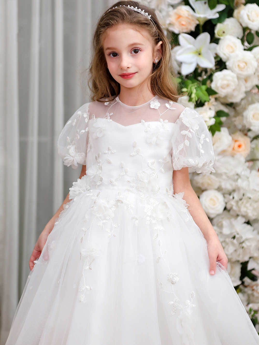 Nuevos productos vestidos de niños falda de niña niña niña flor de color sólido bambú pompa de manga corta vestido de princesa fábrica en stock