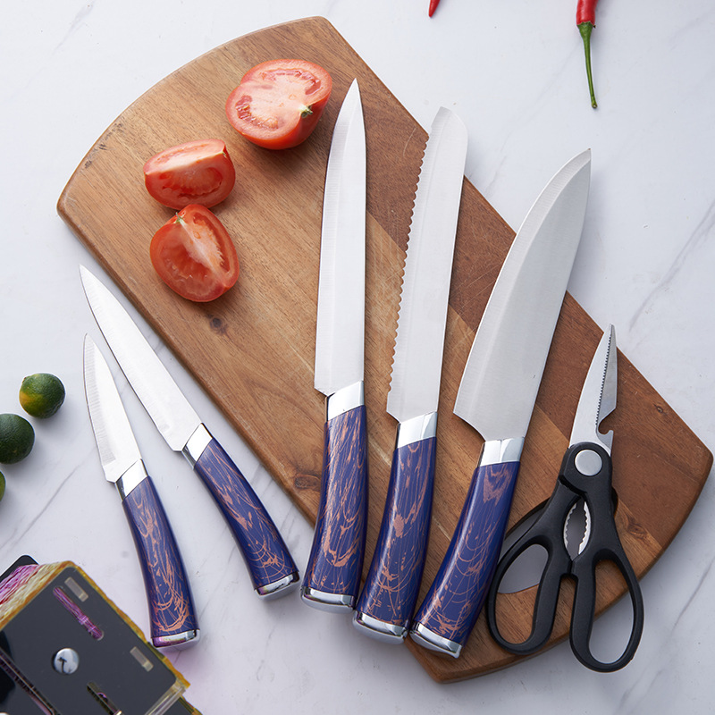 Cuchillo de acero inoxidable conjunto de cuchillo de cabeza galvanizado doble cuchillo de base de cuchillo gradiente cuchillo de cocina set de siete piezas cuchillo de cocina teñido gradiente doméstico