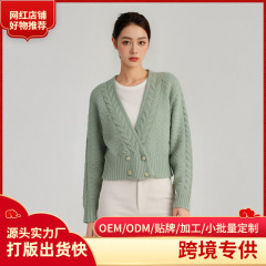 跨境2025春秋冬新款韩范东大门女士V领短款麻花纹针织衫毛衣开衫