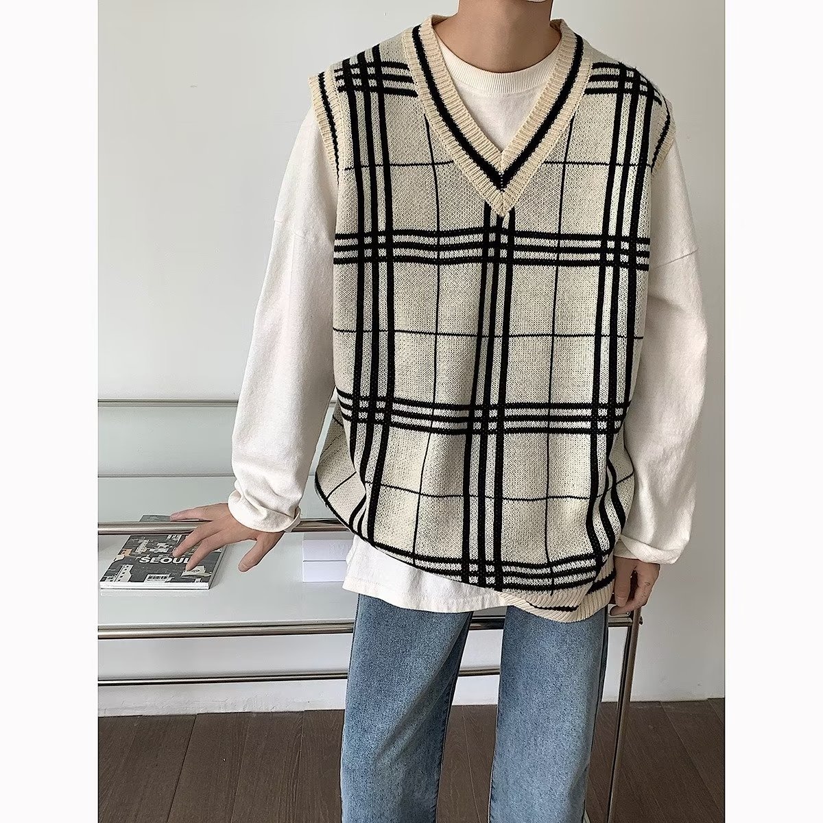 A cuadros grandes de punto pequeño chaleco suéter de primavera y otoño chaleco exterior apilado chaleco adelgazante de moda nuevo chaleco a juego