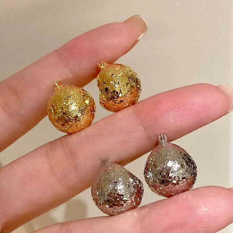 S925纯银碎冰冰松果球耳环爆闪耳坠百搭高级感轻奢大金球耳饰批发