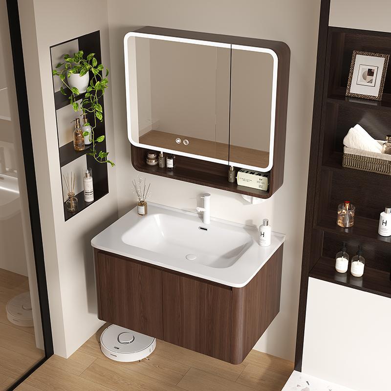 Nuevo gabinete de baño de madera chino combinación de paneles de abeja color nuez cerámica lavabo lavabo lavabo