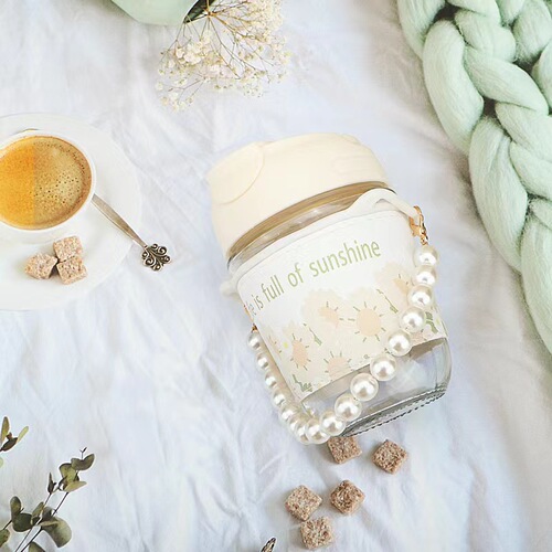 High-looking ins style pearl chain sunflower double drinking straw cup home office small fresh portable glass water cup