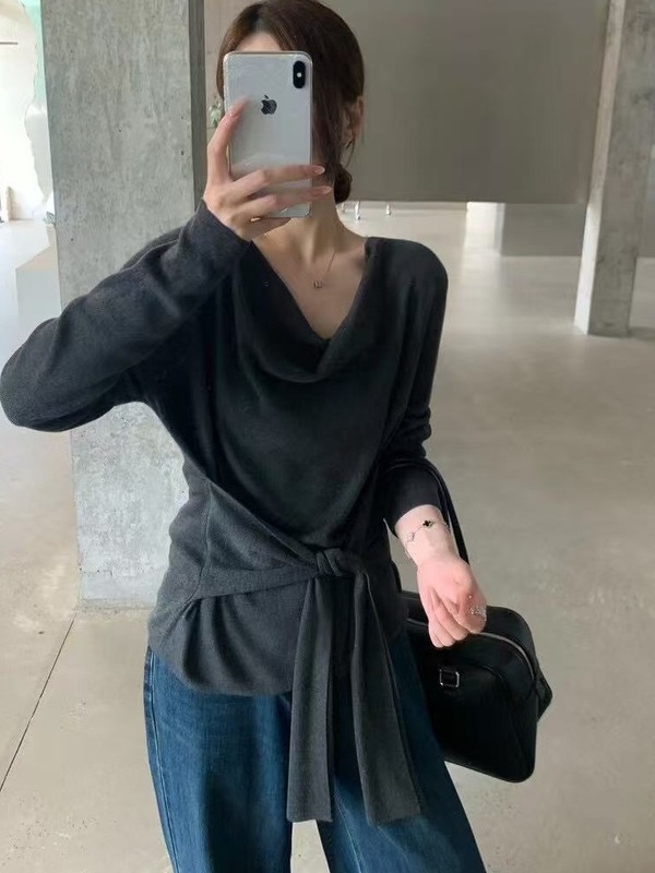 秋季新款女装设计感一字领露肩针织衫气质长袖毛衣绑带打底衫上衣|undefined