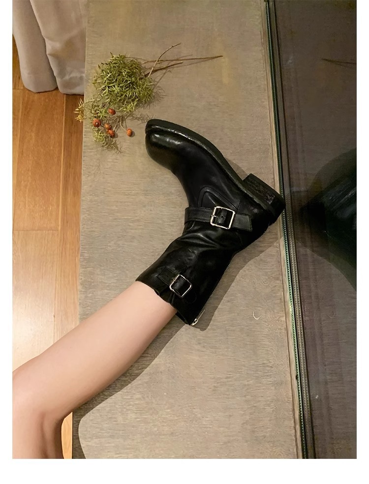 Modisches Schnallendesign, runde Zehenpartie aus Pferdeleder, kleiner dicker Absatz, hohe Absätze_voghion.com
