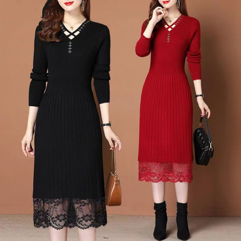 Autumn and Winter Mid-length Knitted Dress 2022 New Women's Bottoming Shirt Women's Style Lace Over-the-knee Sweater Dress Autumn and Winter Mid-length Knitted Dress 2022 New Women's Bottoming Shirt Women's Style Lace Over-the-knee Sweater Dress