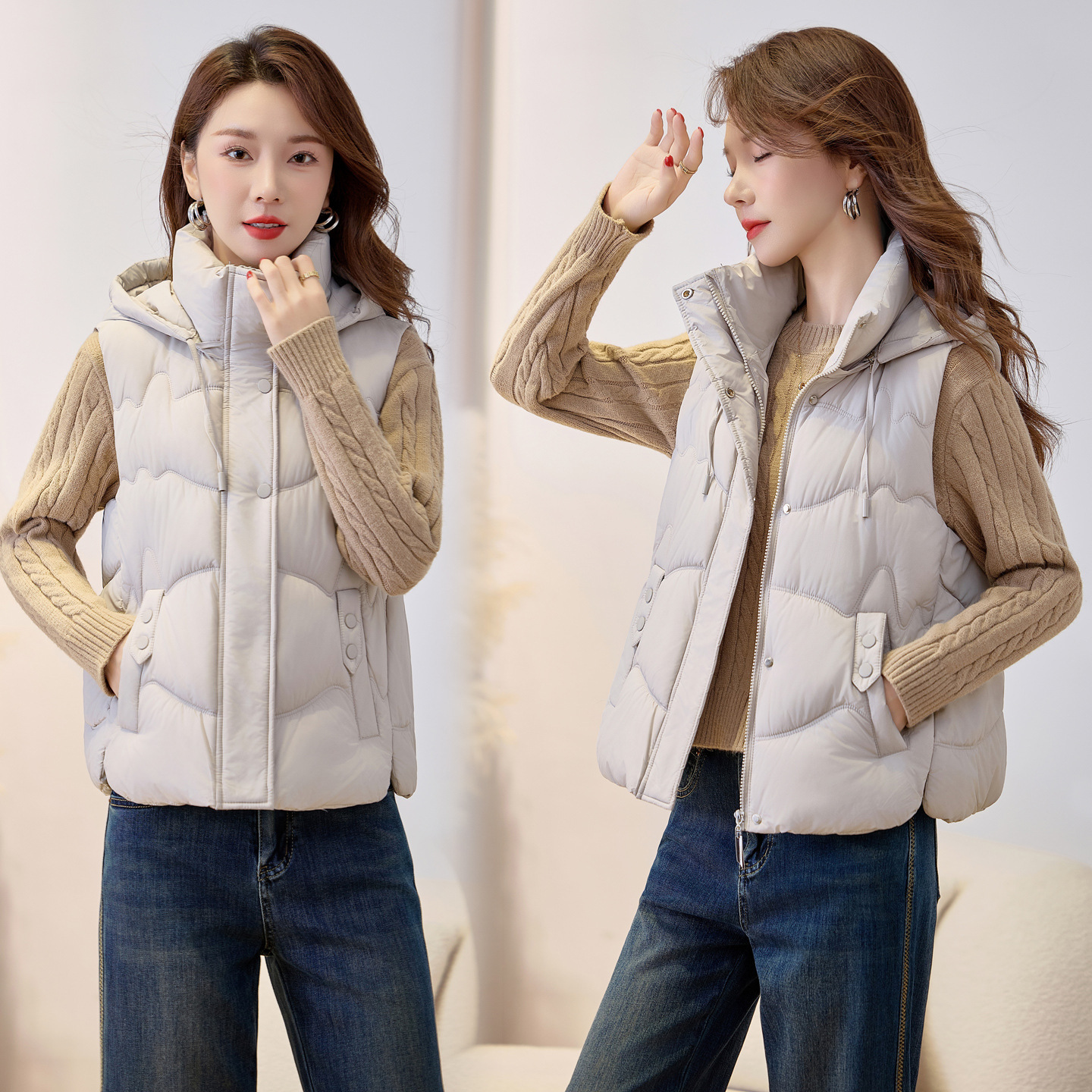 2025 otoño y invierno corto estilo coreano de moda nicho de diseño relajado sensación de collar grueso chaleco cálido abrigo de algodón image 7