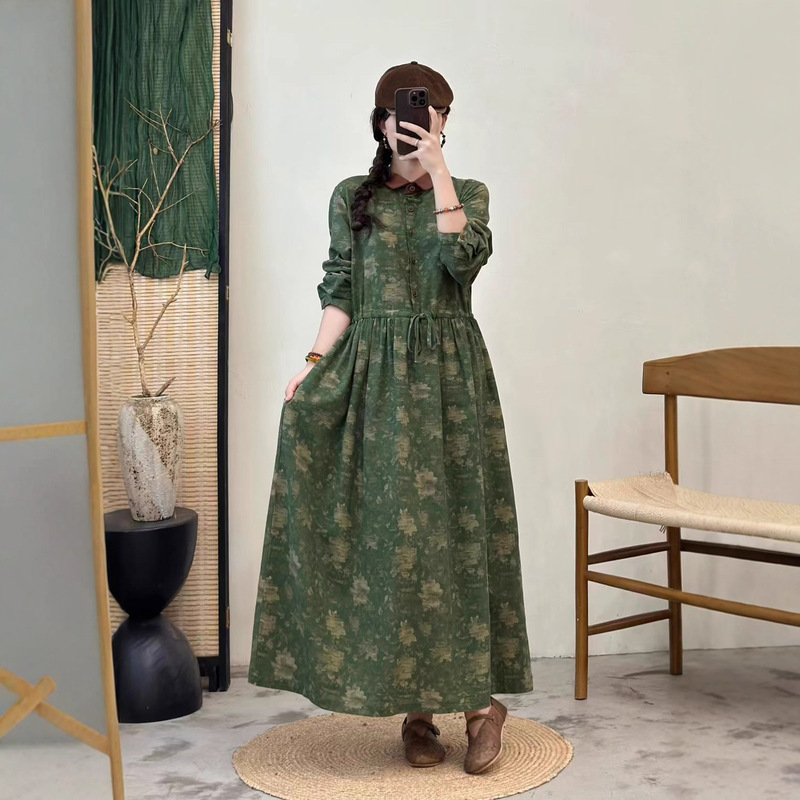 Extended-Length Cotton and Linen Dress, Autumn Turn-Down Collar Long-Sleeve Floral Dress, 2026 New Ethnic Style Drawstring Waist Long Dress