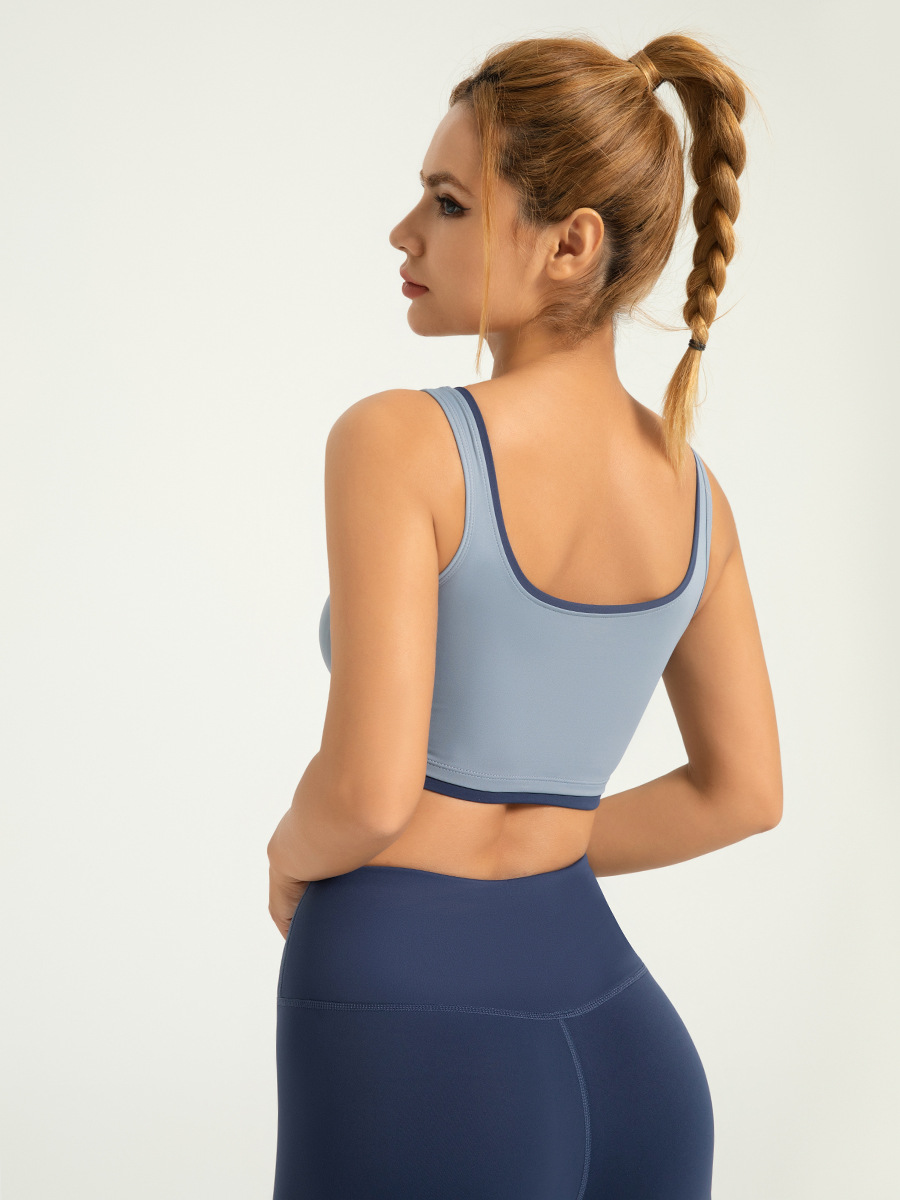 Chaleco deportivo transfronterizo de alta elasticidad con bloques de color y ribete, con sujetador incorporado, chaleco de yoga antichoque.