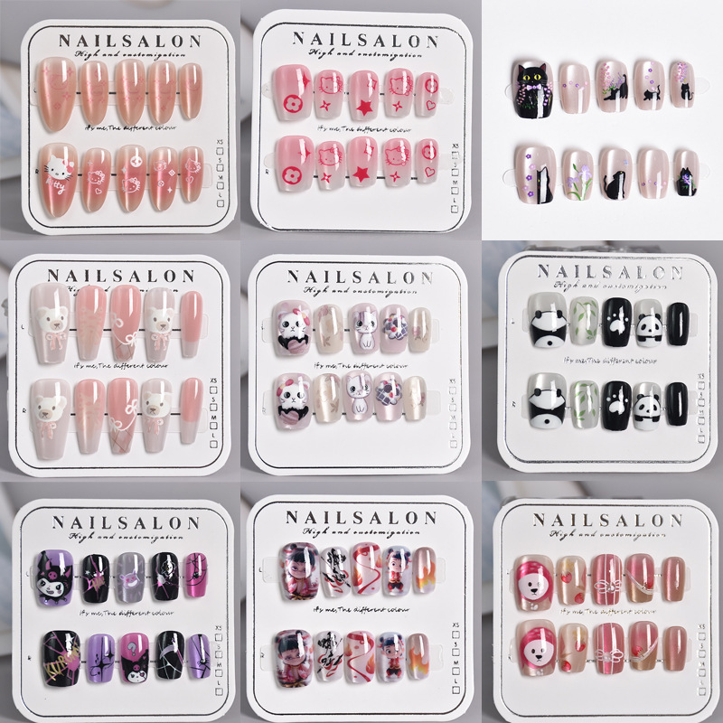 30 Pieces of Cat-Eye Nail Art Stickers, Cute Cartoon Wearable Nails for Children, Finished Short and Long Styles for Students