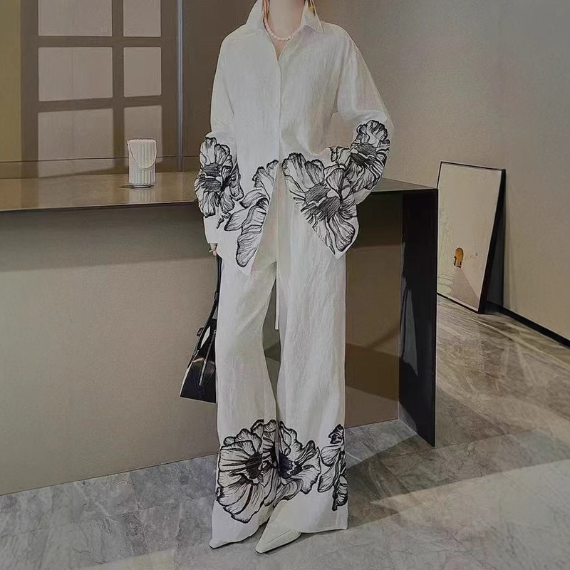 2025 new cotton and linen foreign trade trousers suit women's long sleeve shirt elastic high waist trousers casual embroidery two-piece set 2025 new cotton and linen foreign trade trousers suit women's long sleeve shirt elastic high waist trousers casual embroidery two-piece set
