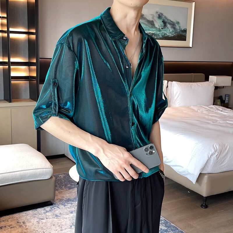 Dark Green Ice Silk Color-Changing Shirt Short-Sleeved Men's and Women's Summer Comfortable and Versatile Half-Sleeved Shirt Cross-Border Youth Shirt