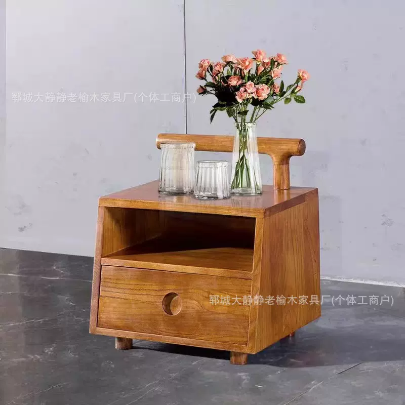 卧室老榆木床头柜家用客厅简约矮柜实木床头储物柜落地式床边柜