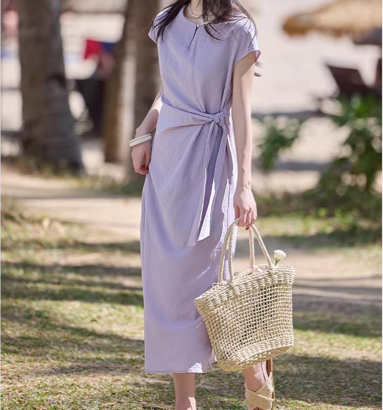 Đầm maxi nữ thắt eo tay ngắn dáng suông, thiết kế dây rút eo tôn dáng, phong cách Pháp thanh lịch mùa hè 2026 — Xanh tím chi tiết 4