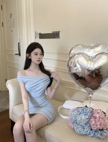 Sweet and Spicy One-Shoulder Sleeveless Bodycon Dress for Women, Summer Pleated High-Waisted Blue Skirt, Sexy A-Line Short Skirt