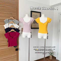 若妹天菜高買いだめB入! 桃心襟修身tシャツ女性春夏半袖上着