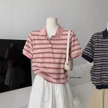 WGWE6483#抽绳设计感刺绣polo领条纹短袖T恤女夏宽松休闲短款上衣