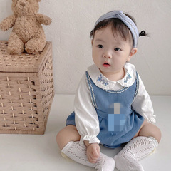 嬰兒春秋包屁衣女寶寶百天公主洋氣假兩件長袖哈衣22新款三角爬服