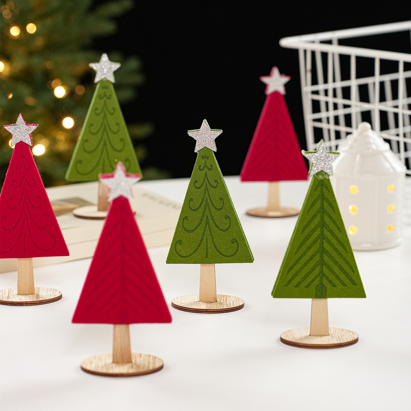 Nuevo árbol de Navidad de madera rojo verde decoración de escritorio decoración de estrellas Navidad atmósfera de props