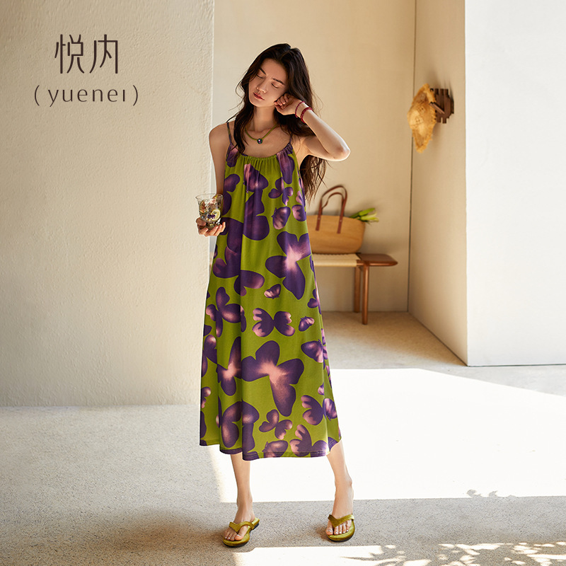 悦内带胸垫睡裙女士夏季夏天莫代尔吊带背心大码长款蝴蝶睡衣女款|undefined