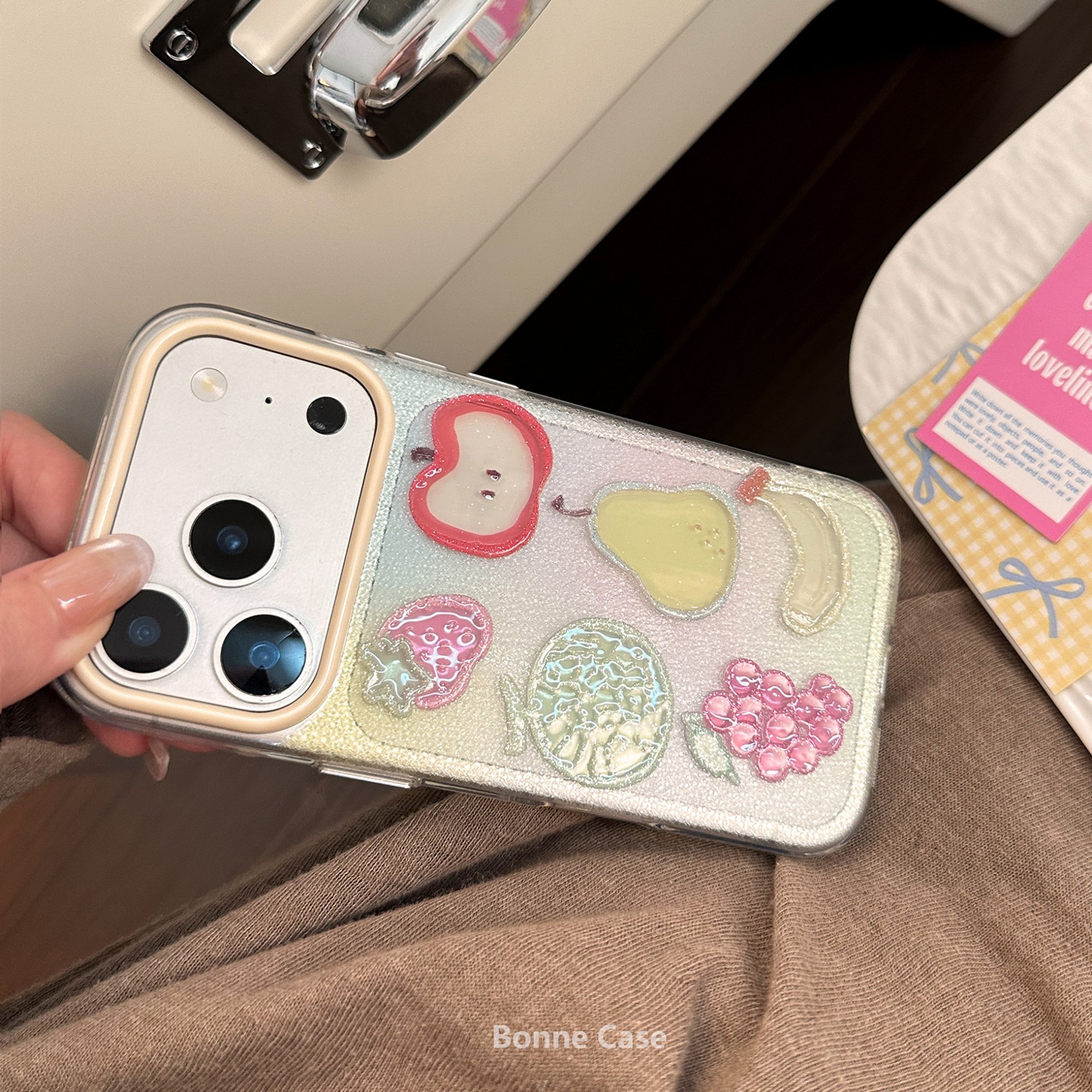 浮雕闪粉苹果17手机壳iphone16pro透明13/14夏日透色水果15适用软